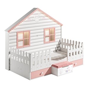 Küçük Ev Pembe Çocuk Odası Montessori Karyola 100x200 Cm Pembe
