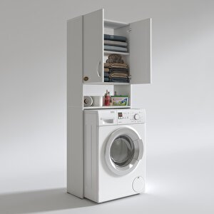 Çamaşır Makinesi Dolabı Avdotya Beyaz 180x066x30 Banyo Ofis Kapaklı Arkalıksız