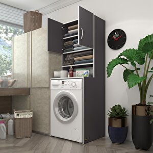Çamaşır Makinesi Dolabı Hayzum Gri 180*066*55 Banyo Kiler Çift Kapaklı Arkalıklı