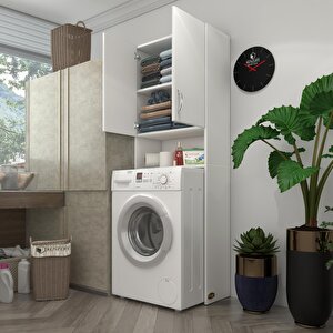Çamaşır Makinesi Dolabı Sinem Beyaz 180x066x30 Banyo Kiler Kapaklı Arkalıklı