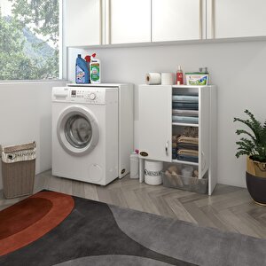 Kenzlife Çamaşır Makinesi Dolabı Sinem Beyaz 180x066x30 Banyo Kiler Kapaklı Arkalıklı