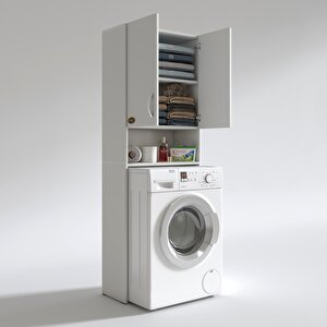 Çamaşır Makinesi Dolabı Sinem Beyaz 180x066x30 Banyo Kiler Kapaklı Arkalıklı