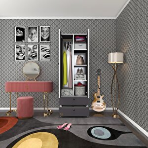 Gardırop 2 Kapılı Kapaklı 2 Çekmeceli Nilüfer Gri 173*60*42 Gardolap Dolap Ofis