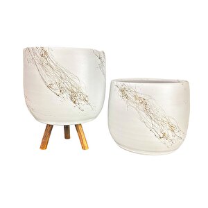 Beyaz Üzeri Gold Mermer Efekt Toprak Saksı Saksılık Salon Çiçeklik İkili Set Ayaksız -3 Ayaklı 19 Cm