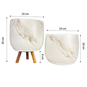 Beyaz Üzeri Gold Mermer Efekt Toprak Saksı Saksılık Salon Çiçeklik İkili Set Ayaksız -3 Ayaklı 19 Cm