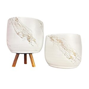 Beyaz Üzeri Gold Mermer Efekt Toprak Saksı Saksılık Salon Çiçeklik İkili Set Ayaksız -3 Ayaklı 19 Cm