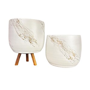 Beyaz Üzeri Gold Mermer Efekt Toprak Saksı Saksılık Salon Çiçeklik İkili Set Ayaksız -3 Ayaklı 19 Cm