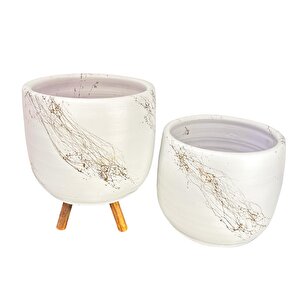 Beyaz Üzeri Gold Mermer Efekt Toprak Saksı Saksılık Salon Çiçeklik İkili Set Ayaksız -3 Ayaklı 19 Cm