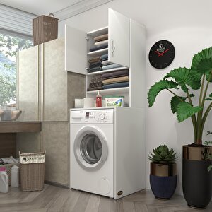 Çamaşır Makinesi Dolabı Hayzummdf Beyaz 180x55 % 100 Mdf Full Mdf Banyo Kiler Çift Kapaklı Arkalıklı