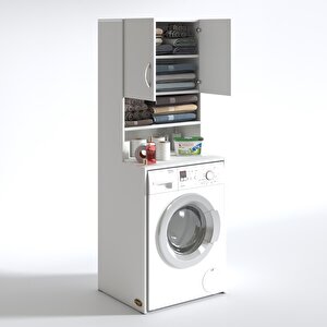 Kenzlife Çamaşır Makinesi Dolabı Hayzummdf Beyaz 180x55 % 100 Mdf Full Mdf Banyo Kiler Çift Kapaklı Arkalıklı