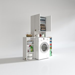Çamaşır Makinesi Dolabı Sinemmaks Beyaz 180x096x30 Banyo Kapaklı Arkalıklı Raflı