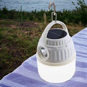 Dekoratif Kamp Lambası Led Beyaz Işıklı El Feneri Şarjlı Işıldak Portatif 30 W, Şarj Güneş Enerjili