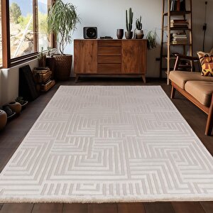 Motifli Bej Modern Yumuşak Polipropilen Jüt Halı Salon Oturma Odası Yolluk Mutfak Koridor Halısı 140x200 cm