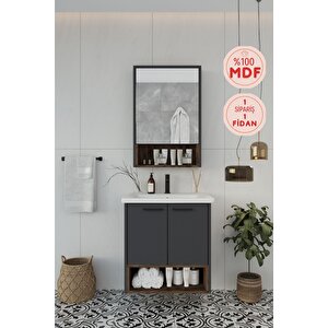 Banyo Karanfil Demonte 65 Cm Antrasit Lavabolu Banyo Dolabı Aynalı Üst Dolap