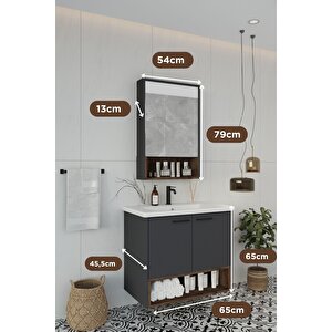 Banyo Karanfil Demonte 65 Cm Antrasit Lavabolu Banyo Dolabı Aynalı Üst Dolap