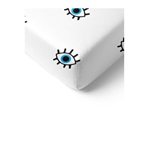 Mavi Göz Desen Baskılı Tek Kişilik Lastikli Çarşaf Seti Beyaz