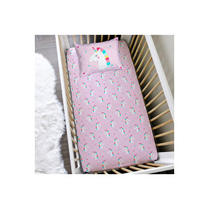 Unicorn Desen Baskılı Bebek Boy Lastikli Çarşaf Seti Pembe