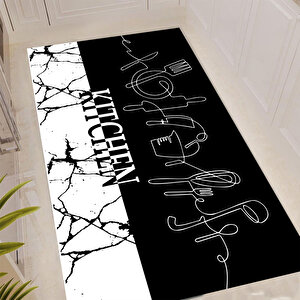 Siyah Beyaz Mutfak Halısı, Mermer Desen Mutfak Halısı , Dekoratif Mutfak Halısı, Yıkanabilir Leke Tutmaz Halı 160x230 cm