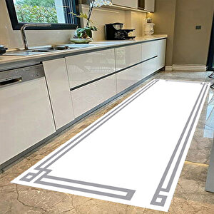 Beyaz Mutfak Halısı, Dekoratif Mutfak Halısı, Kaymaz Yıkanabilir Halı, Leke Tutmaz 100x350 cm