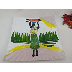 Afrikalı Kadın Temalı Mozaik Yeşil Cam Motifli Cam Tabak Desenli Boyama