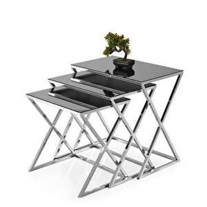 Çapraz Metal Ayak Kare Z 3'lü Zigon Sehpa Camlı Siyah
