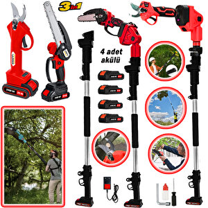 3 Lü Set Red Kömürsüz Motor 4 Adet Super Akülü Bağ Makası+dal Budama 2,7 Mt Teleskop Hediye