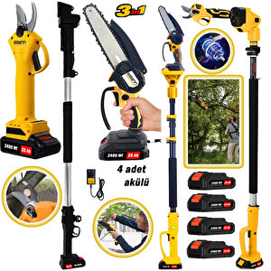 3 Lü Set Yellow Kömürsüz Motor 4 Adet Super Akülü Bağ Makası+dal Budama 2,7 Mt Teleskop Hediye