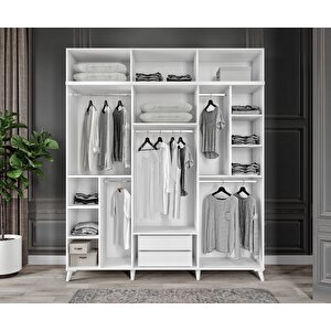 Guneystore Paris 6 Kapaklı Yüklüklü Komple Mdf Beyaz Gardırop