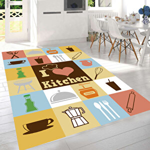 Renkli Mutfak Halısı, Yazılı Mutfak Halısı , Kaymaz Taban Halı, Yıkanabilir Leke Tutmaz Halı 160x300 cm