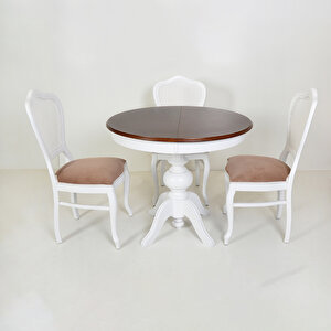 Ezine Ceviz Kaplamalı Yuvarlak Açılır Mutfak Masası / Urla Beyaz-vizon Hasırlı Mutfak Sandalyesi Takımı