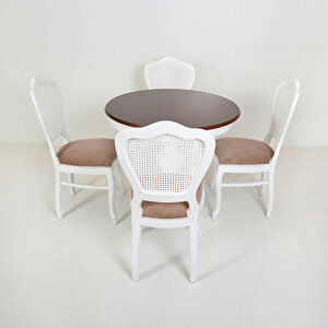 Ezine Ceviz Kaplamalı Yuvarlak Açılır Mutfak Masası / Urla Beyaz-vizon Hasırlı Mutfak Sandalyesi Takımı