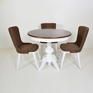 Ezine Ceviz Kaplamalı Yuvarlak Açılır Mutfak Masası / Ihalara Beyaz-kahve Keten Mutfak Sandalyesi Takımı