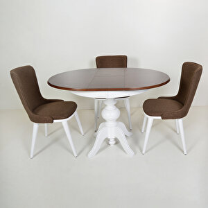 Ezine Ceviz Kaplamalı Yuvarlak Açılır Mutfak Masası / Ihalara Beyaz-kahve Keten Mutfak Sandalyesi Takımı