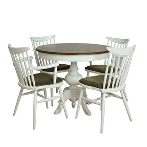 Ezine Ceviz Kaplamalı Yuvarlak Açılır Mutfak Masası/ Teksas Kollu-kolsuz Beyaz-yeşil Mutfak Sandalyesi Takımı