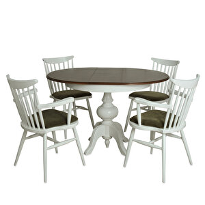 Ezine Ceviz Kaplamalı Yuvarlak Açılır Mutfak Masası/ Teksas Kollu-kolsuz Beyaz-yeşil Mutfak Sandalyesi Takımı