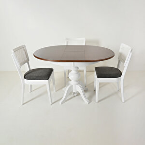 Ezine Ceviz Kaplamalı Yuvarlak Açılır Mutfak Masası / İznik Beyaz-antrasit Hasırlı Mutfak Sandalyesi Takımı