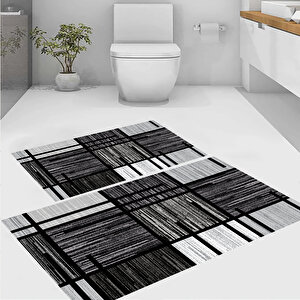 Siyah Renk Paspas, Çizgili Desen Banyo Paspası, Kaymaz Taban Klozet Takımı, Dekoratif Paspas, 60x100 cm