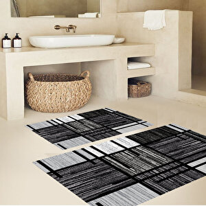 Siyah Renk Paspas, Çizgili Desen Banyo Paspası, Kaymaz Taban Klozet Takımı, Dekoratif Paspas, 60x100 cm