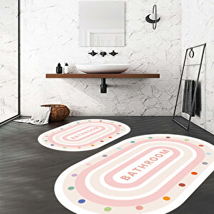 Renkli Klozet Takımı, Oval Banyo Paspası, Dekoratif Paspas, 2'li̇ Klozet Takımı, Kaymaz Taban, Yıkanabilir Paspas, 60x100 cm