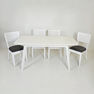Toros Beyaz Dikdörgen Açılır Mutfak Masası/ İznik Beyaz-antrasit Hasırlı Mutfak Sandalyesi Takımı