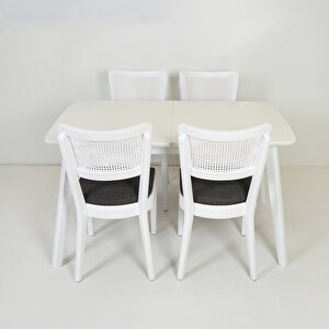 Toros Beyaz Dikdörgen Açılır Mutfak Masası/ İznik Beyaz-antrasit Hasırlı Mutfak Sandalyesi Takımı