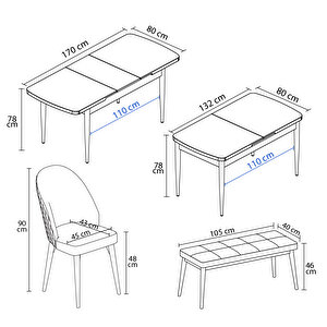 Milas Meşe Desen 80x132 Mdf Açılabilir Mutfak Masası Takımı 4 Sandalye, 1 Bench Gri