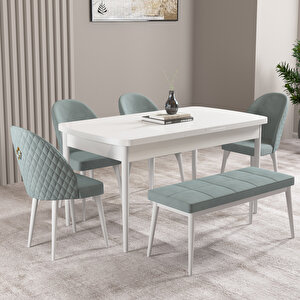 Milas Beyaz 80x132 Mdf Açılabilir Mutfak Masası Takımı 4 Sandalye, 1 Bench Su Yeşili