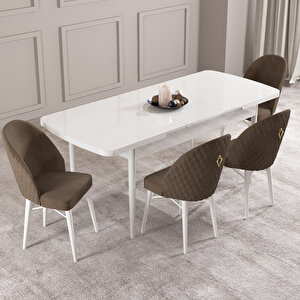 Calvin Beyaz 80x132 Mdf Açılabilir Mutfak Masası Takımı 4 Adet Sandalye Kahve
