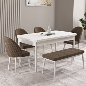 Milas Beyaz 80x132 Mdf Açılabilir Mutfak Masası Takımı 4 Sandalye, 1 Bench Kahve