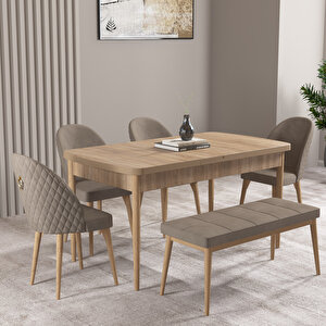Milas Meşe Desen 80x132 Mdf Açılabilir Mutfak Masası Takımı 4 Sandalye, 1 Bench Cappucino