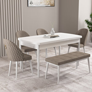 Milas Beyaz 80x132 Mdf Açılabilir Mutfak Masası Takımı 4 Sandalye, 1 Bench Cappucino