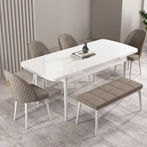 Milas Beyaz 80x132 Mdf Açılabilir Mutfak Masası Takımı 4 Sandalye, 1 Bench Cappucino
