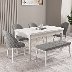 Milas Beyaz 80x132 Mdf Açılabilir Mutfak Masası Takımı 4 Sandalye, 1 Bench Gri