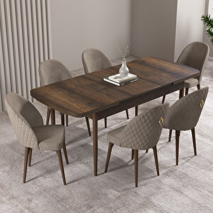 Milas Barok Desen 80x132 Mdf Açılabilir Mutfak Masası Takımı 6 Adet Sandalye Cappucino